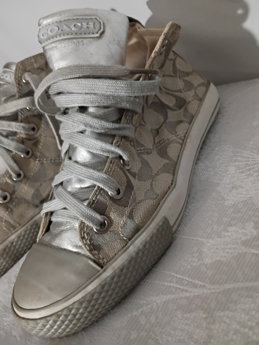 Coach Metallic Silver Monogram High-Top Sneakers